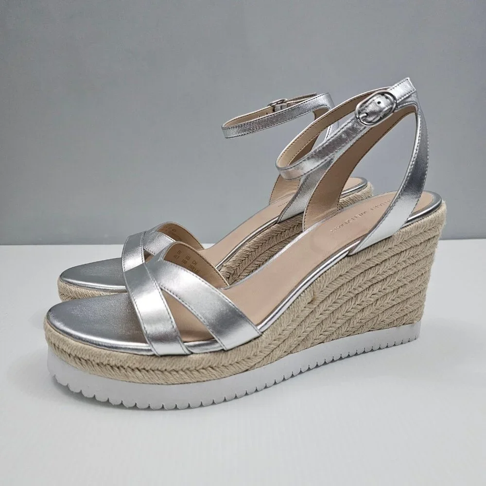 Stuart Weitzman Catalina Espadrille Wedge Sandal Size 10 Silver Leather Platform - Picture 16 of 16